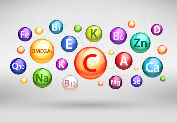 esszenciális vitamin- és ásványi komplex, vektoros realisztikus illusztráció - vitamin témájú stock illusztrációk