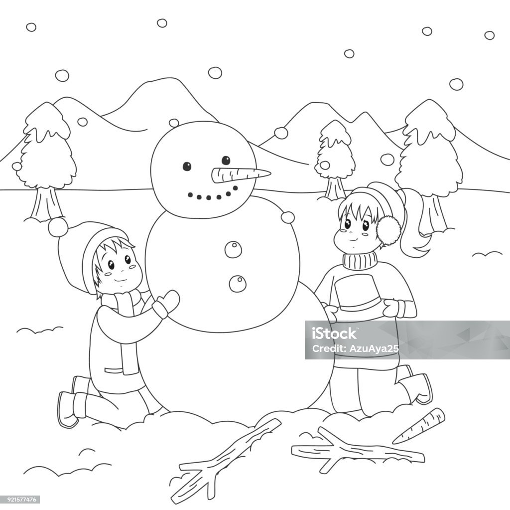 Happy Kids Building a Snowman. Coloring Page Cartoon Vector two happy kids building snowman on snowy winter day. Winter holiday, printable coloring page for kids template cartoon vector. Art stock vector