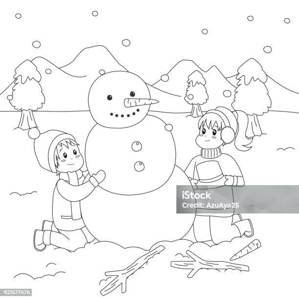 Happy Kids Building A Snowman Coloring Page Cartoon Vector Stock Illustration - Download Image Now