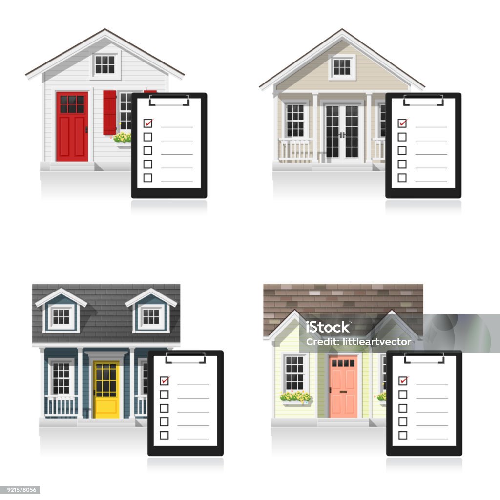 Set of small houses and clipboards isolated on white background , vector , illustration Checklist stock vector