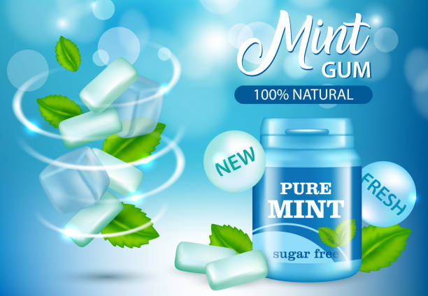 New pure mint and sugar free chewing gum ad, vector realistic illustration Vector realistic swirl of fresh mint chewing gum pads and green mint leaves, bubblegum plastic bottle package design mockup on blue background. New pure mint and sugar free chewing gum advertisement. mint chewing gum stock illustrations