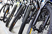 Modern mountain bikes in sports shop