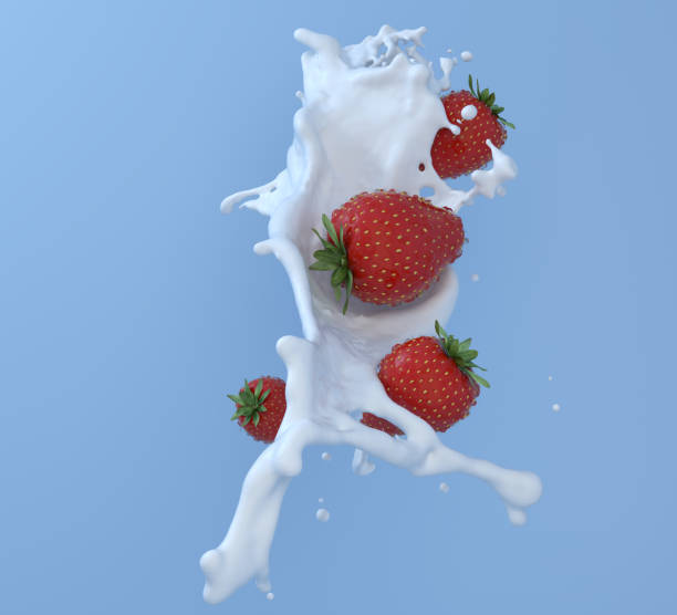istock milk splash out with strawberry in cup and drops isolated on blue background 3D rendering illustration for design milk white chocolate splash artwork background 921587244