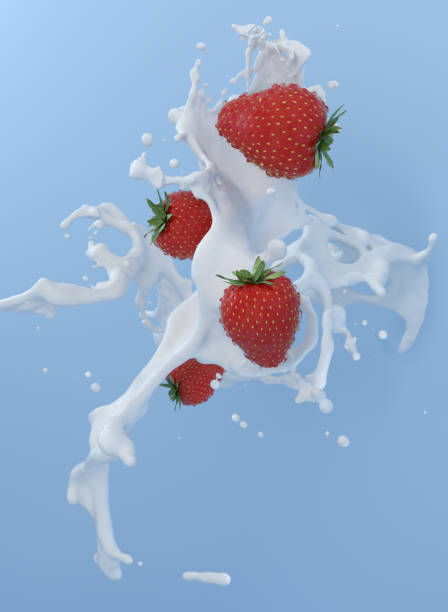 istock Strawberry with milk splash and drops isolated on blue background 3D rendering illustration for design milk white chocolate splash artwork background 921587424