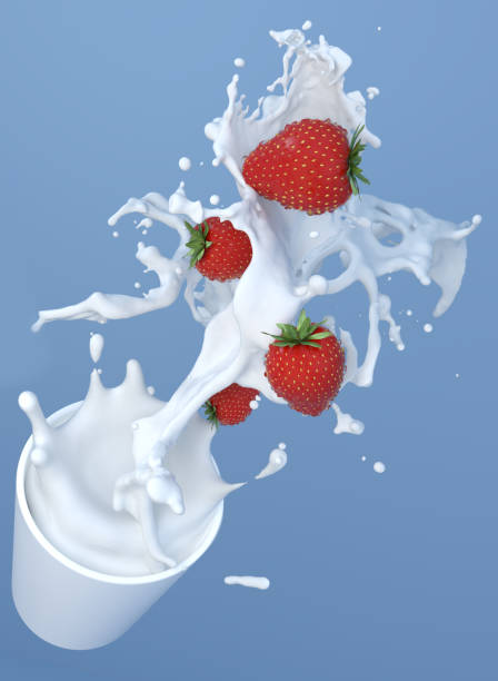 istock Strawberry with milk in cup splash and drops isolated on blue background 3D rendering illustration for design milk white chocolate splash artwork background 921587430