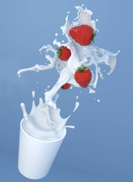 istock Strawberry with milk splash in cup and drops isolated on blue background 3D rendering illustration for design milk white chocolate splash artwork background 921587464