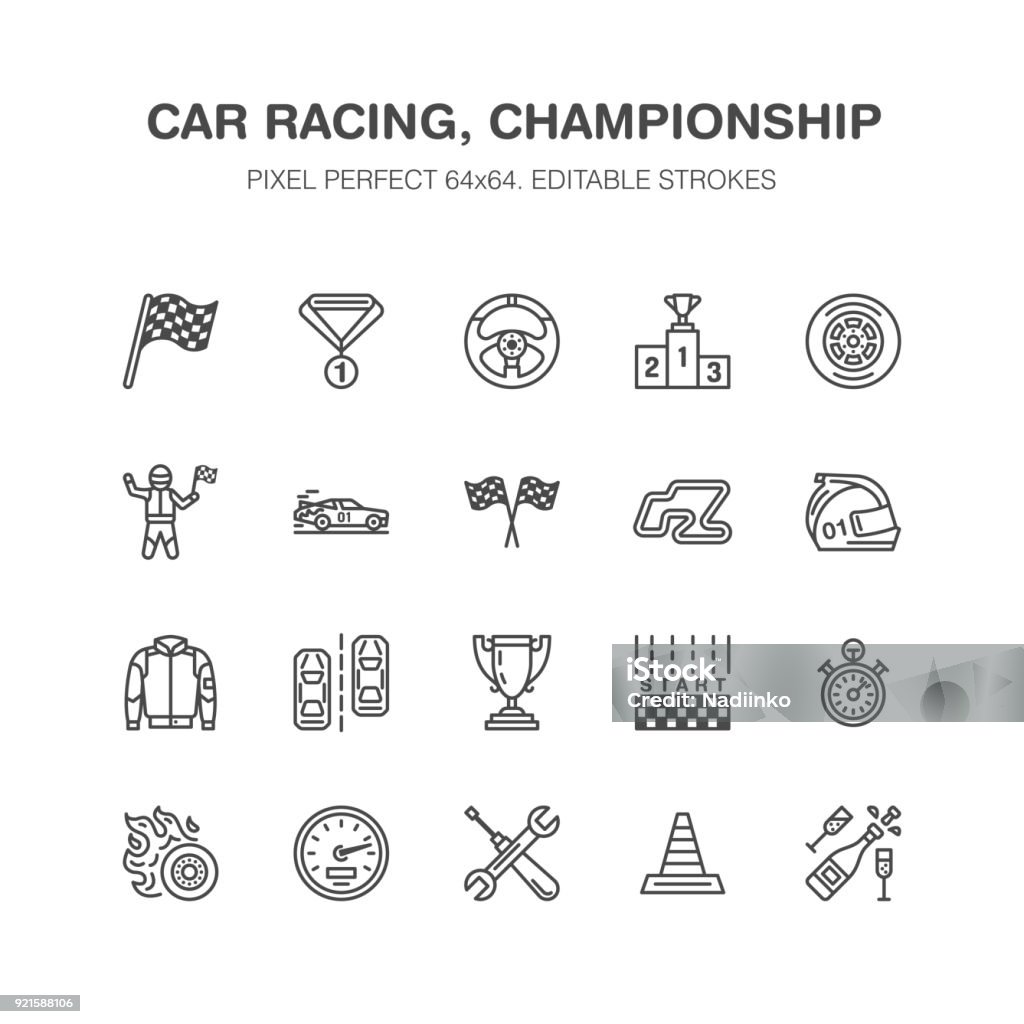 Car racing vector flat line icons. Speed auto championship signs - track, automobile, racer, helmet, checkered flags, steering wheel, start. Pixel perfect 64x64 Car racing vector flat line icons. Speed auto championship signs - track, automobile, racer, helmet, checkered flags, steering wheel, start. Pixel perfect 64x64. Icon Symbol stock vector