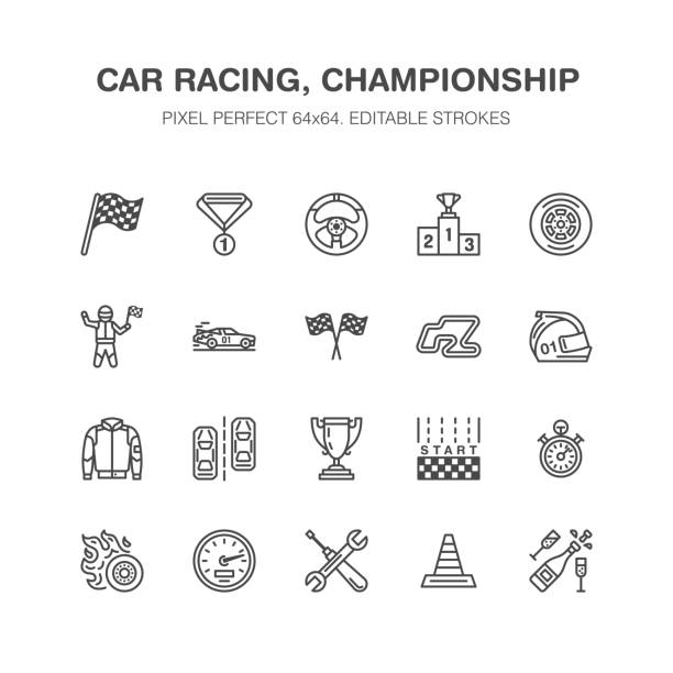 Car racing vector flat line icons. Speed auto championship signs - track, automobile, racer, helmet, checkered flags, steering wheel, start. Pixel perfect 64x64 Car racing vector flat line icons. Speed auto championship signs - track, automobile, racer, helmet, checkered flags, steering wheel, start. Pixel perfect 64x64. motorsport stock illustrations