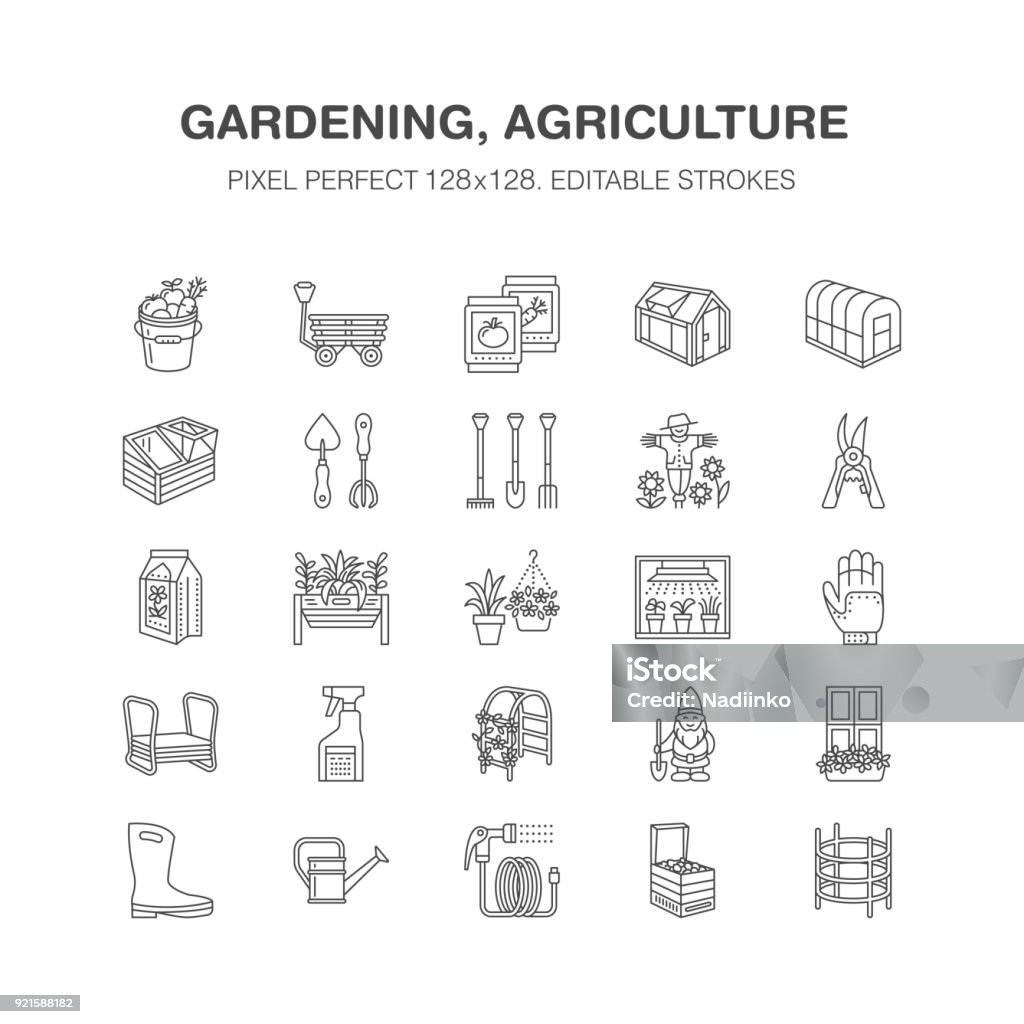 Gardening, planting horticulture line icons. Garden equipment, organic seeds, fertilizer, greenhouse, pruners, watering can. Agriculture vegetables flower cultivation signs Pixel perfect 128x128 Gardening, planting horticulture line icons. Garden equipment, organic seeds, fertilizer, greenhouse, pruners, watering can. Agriculture vegetables flower cultivation signs Pixel perfect 128x128. Icon Symbol stock vector