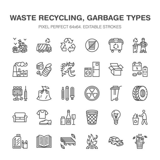 ilustrações de stock, clip art, desenhos animados e ícones de recycling flat line icons. pollution, recycle plant. garbage sorting types - paper, glass, plastic, metal, flammable trash. thin linear signs for waste management. pixel perfect 64x64 - garbage dump