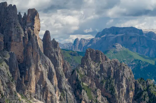 Scenic view of Dolomites Marmolada, Passo Pordoi, Canazei of Val di Fassa, Trentino-Alto-Adige region, Italy. Rocks and tombs
