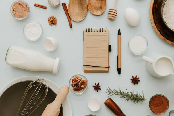 baking or cooking background. ingredients, kitchen items for baking cakes. kitchen utensils, flat lay on pastel background - baking flour ingredient animal egg imagens e fotografias de stock