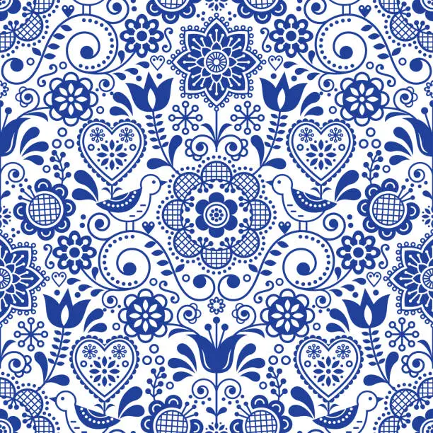 Vector illustration of Seamless folk art vector pattern with birds and flowers, Scandinavian navy blue repetitive floral design