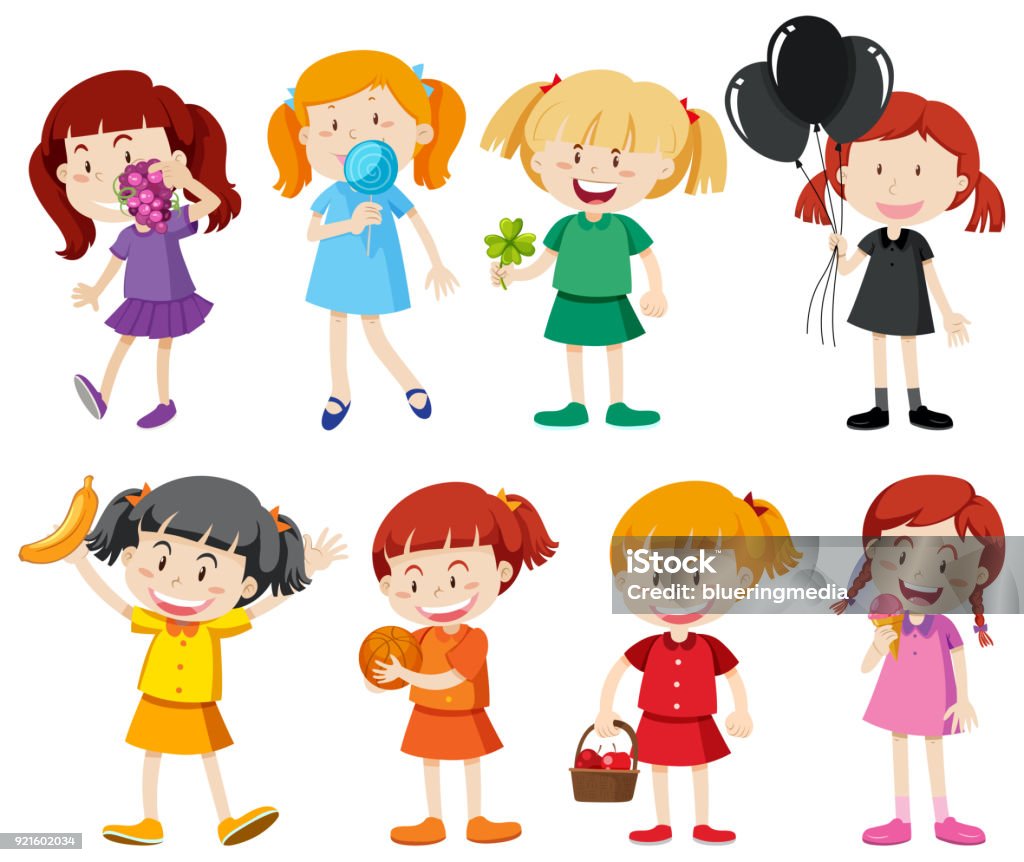 Girls in different color shirts Girls in different color shirts illustration Eating stock vector