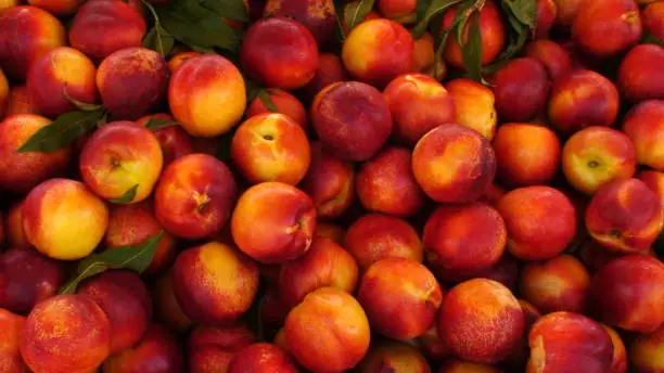 display of peaches on a Greek market