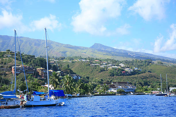 Anchored in the lagoon near Vaitape, Bora Bora. French Polynesia, South Pacific Ocean.