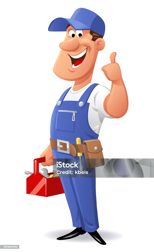 Cheerful Mechanic Vector illustration of a cheerful mechanic in blue coveralls holding a red tool box and gesturing thumbs up. Mechanic stock vector