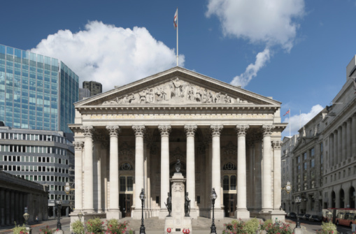 Facade of central bank of the United Kingdom’s headquarters located in Bank Junction since 1734.