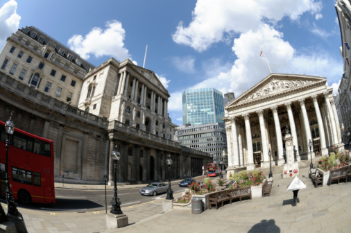 Facade of central bank of the United Kingdom’s headquarters located in Bank Junction since 1734.