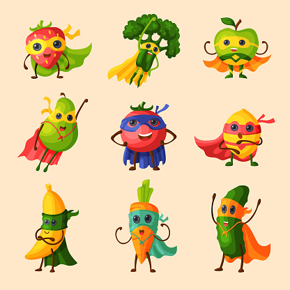 Superhero fruits vector fruity cartoon character of super hero expression vegetables with funny apple banana or pepper in mask illustration fruitful vegetarian diet set isolated on white background.