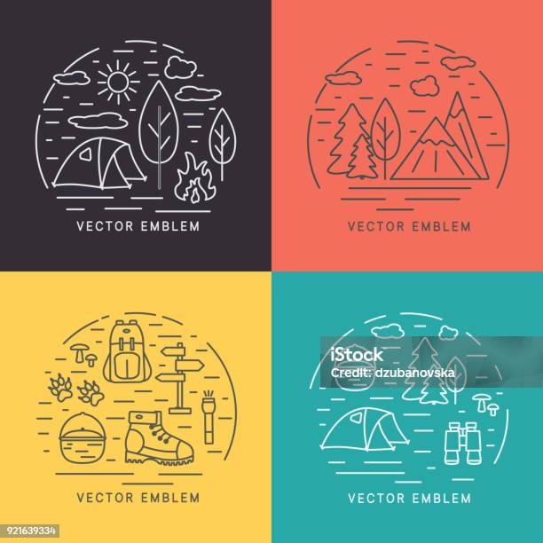 Vetores de Conjunto De Paisagens De Vetor Linear Elementos De Design De Logotipo Em Círculo e mais imagens de Bicicleta