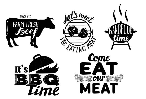 illustrations, cliparts, dessins animés et icônes de citations de viande trendy, vintage vector illustration dessinée à la main - steak meat raw beef