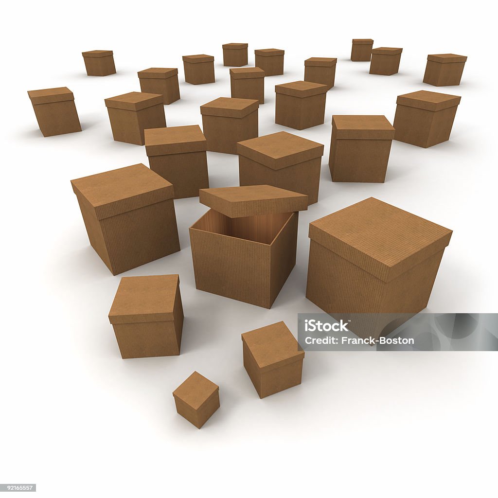 Open box 3D rendering of lots of cardboard boxes and an open one Box - Container Stock Photo
