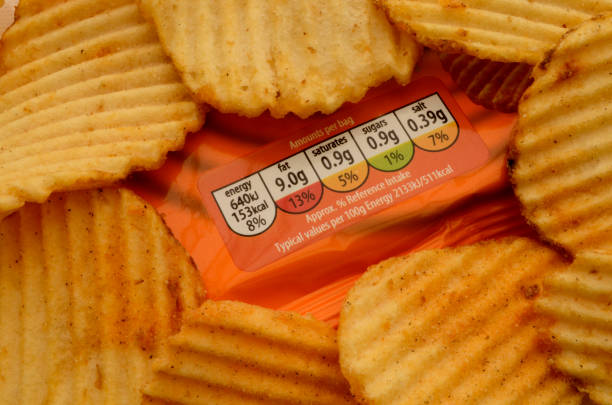 Pile of Crisps with their Nutritional Value Packet Label