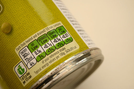 Canned green lentils displaying the contents amount of calories, fat, saturates, sugar and salt