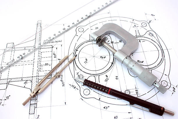 측미계, 콤파스, 룰러 및 샤프 기술 그림이요 - drawing compass machine part engineering plan 뉴스 사진 이미지