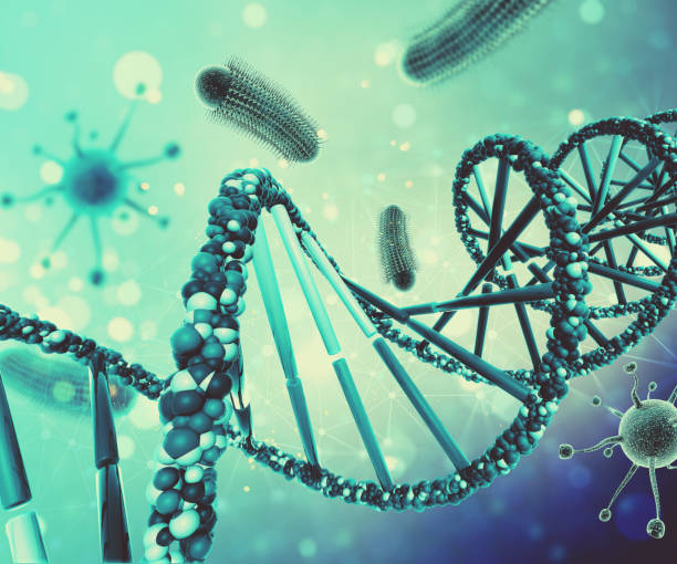 istock 3D medical background with virus cells and DNA strand 921667760