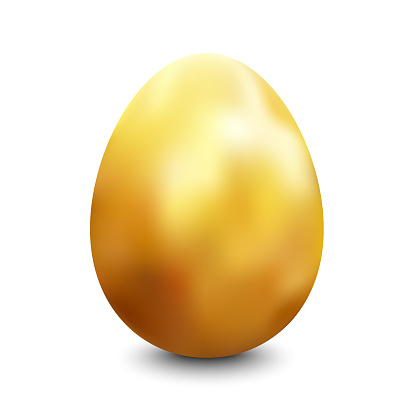 Single realistic 3D oval shape egg standing in the middle of white paper background. Isolated objects. High detailed handmade artwork based on self made photo of gold painted eggshell. Gold color includes shades of white, yellow, beige, red, brown. Easter Egg contains transparency effects used only in shadow. Egg is made with gradient mesh. 