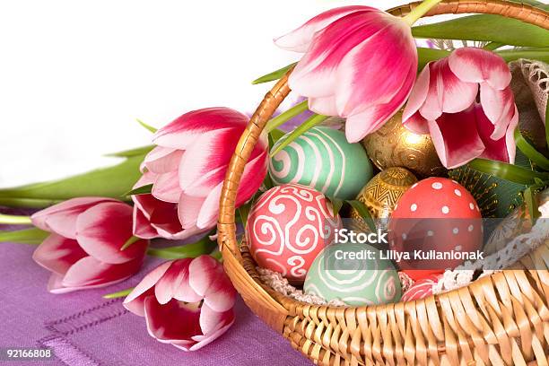 Easter Eggs And Tilips Pink Stock Photo - Download Image Now - Basket, Brightly Lit, Cheerful