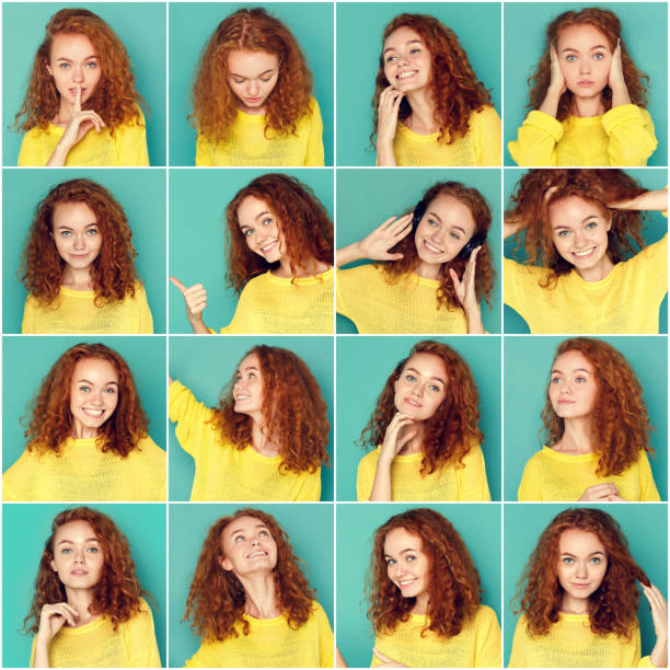 Emotions set of young woman at studio background Set of young girl emotions. Casual redhead woman grimacing and gesturing on camera at blue studio background. Happiness, fear, surprise. Positive and negative feelings grimacing photos stock pictures, royalty-free photos & images