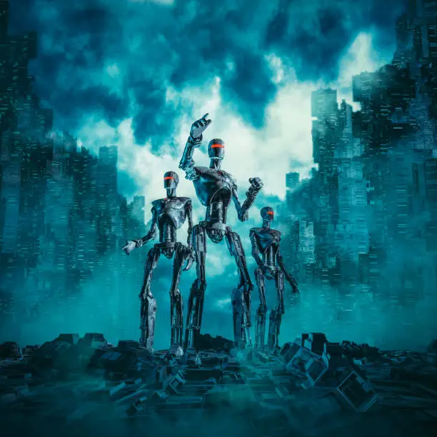 3D illustration of science fiction scene with three military robots searching ruins of futuristic dystopian city