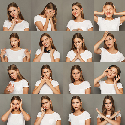 Different emotions collage. Set of beautiful blonde girl emotional portraits. Positive and negative female feelings. Young woman grimacing on camera at gray studio background