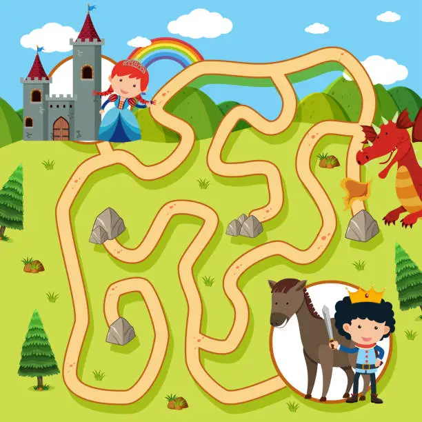 Vector illustration of Maze game template with princess and knight