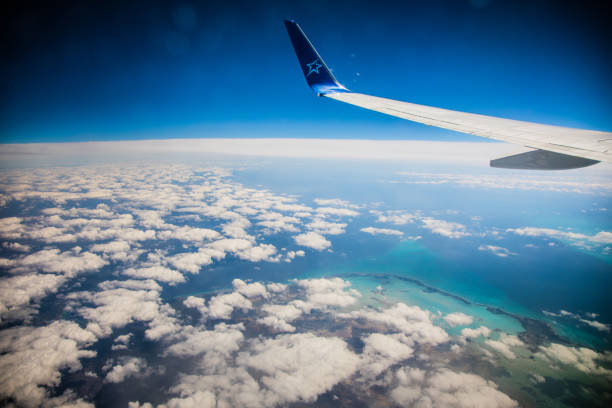 SAN ANDRES ISLAND, Colombia _ Circa March 2017. View From Inside the Airplane of the Beautiful Blue Sky, Clouds and Ground