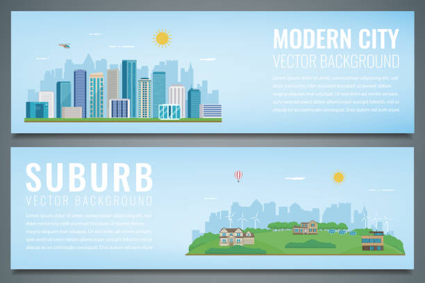 ilustrações de stock, clip art, desenhos animados e ícones de two banners with city landscape and suburban landscape. building architecture, cityscape town. vector - rural scene