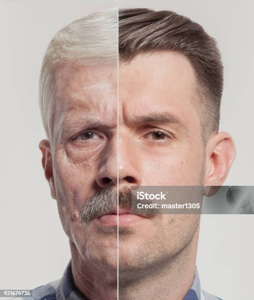 Collage Of Two Portraits Of The Same Old Man And Young Man Face Lifting Aging And Skincare Concept Conparison Stock Photo - Download Image Now