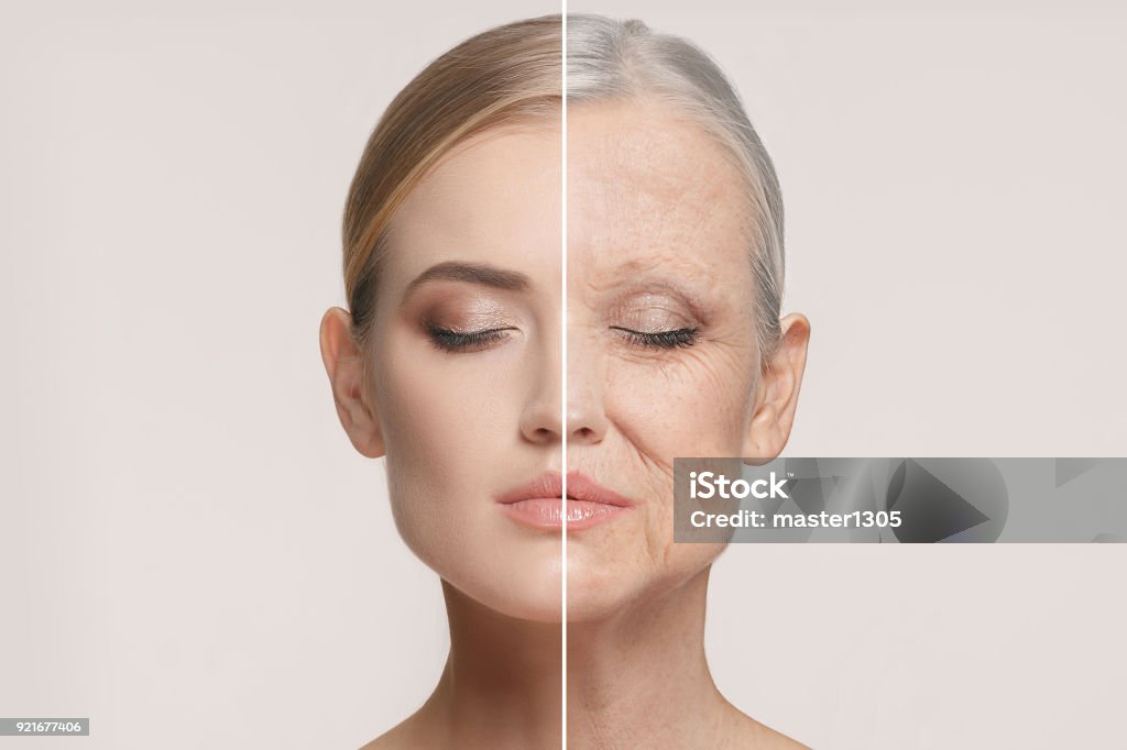 Comparison. Portrait of beautiful woman with problem and clean skin, aging and youth concept, beauty treatment Comparison. Portrait of beautiful woman with problem and clean skin, aging and youth concept, beauty treatment and lifting. Before and after concept. Youth, old age. Process of aging and rejuvenation Aging Process Stock Photo