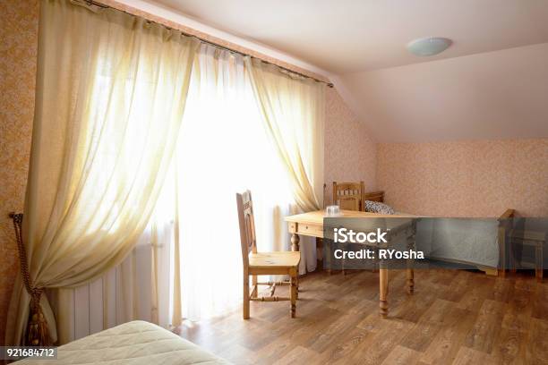 Rural Hostel Room Interior Stock Photo - Download Image Now - Architectural Cornice, Curtain, Wood - Material