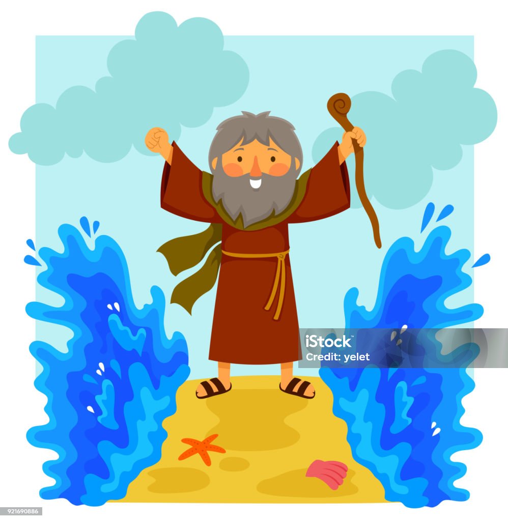 Cartoon Moses parting the red sea Cartoon illustration of happy Moses parting the red sea in the biblical story Moses - Religious Figure stock vector