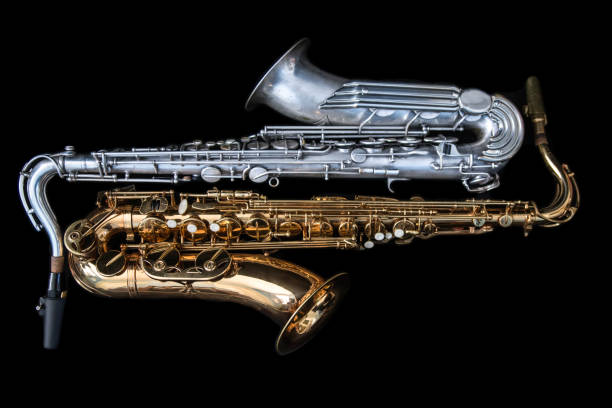 Full view of two saxophones stock photo