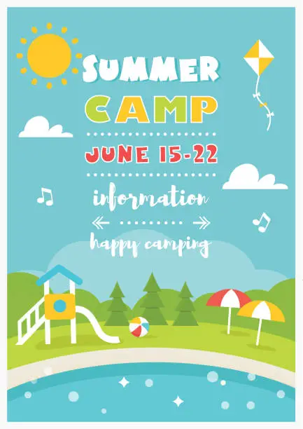 Vector illustration of Beach Camp or Club for Kids. Summer Poster Vector Template
