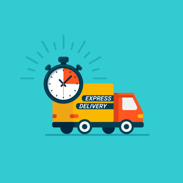 Express delivery service. Delivery by car or truck. Parcels Express delivery service. Flat style design truck icon and timer on blue background Express delivery service. Delivery by car or truck. Parcels Express delivery service. Flat style design truck icon and timer on blue background. Vector illustration truck trucking car van stock illustrations