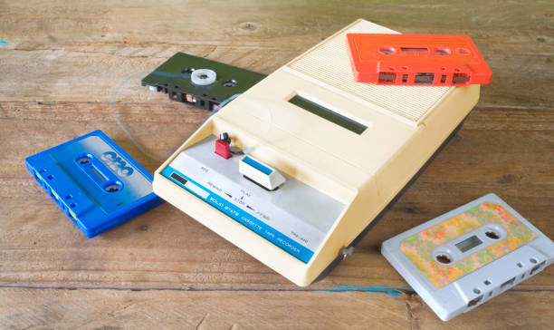 istock vintage cassette tape recorder with audio tapes, free copy space 921699272