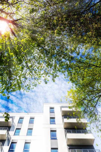 istock New modern white apartment building against green tree 921700058