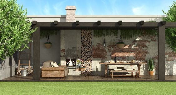 Rustic pergola in a garden with dining table,  barbecue and sofa - 3d rendering\n
