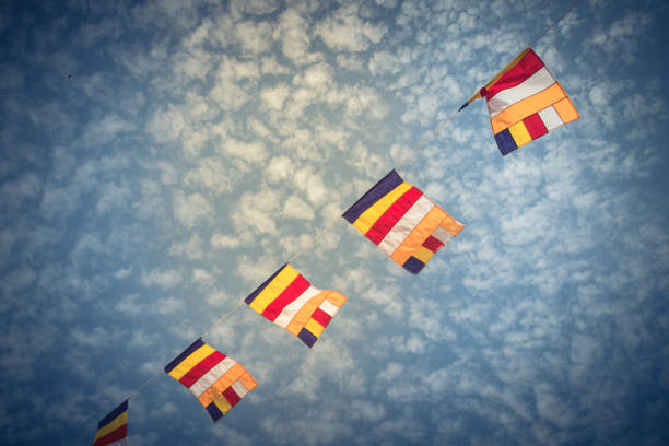 Colorful Buddhist prayer flags against Altocumulus cloud sky Colorful hanging line Buddhist prayer flags against Altocumulus cloud sky. Waving  holy sacred five colors flags as abstract background with copy space. Vintage religious holiday decoration Cirrocumulus stock pictures, royalty-free photos & images